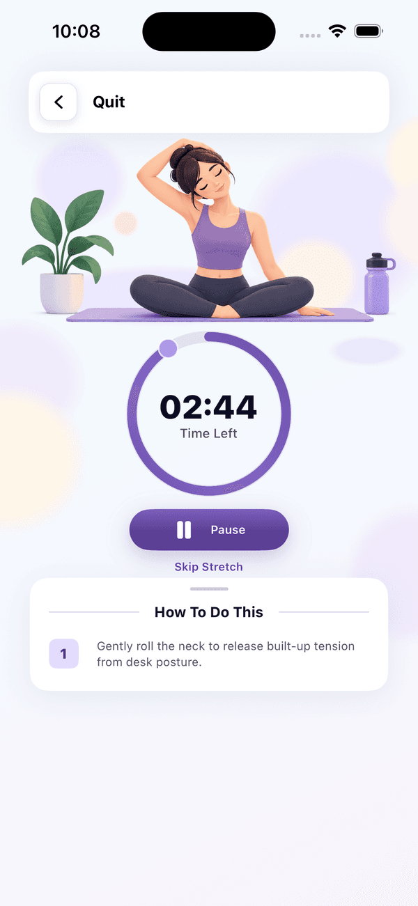 BendEasy routine player with a circular Time Left timer, a Pause button and How To Do This steps