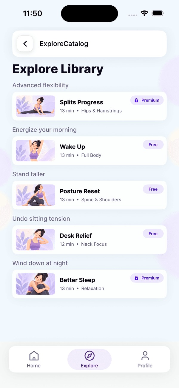 BendEasy Explore Library with Splits Progress, Wake Up, Posture Reset, Desk Relief and Better Sleep routines