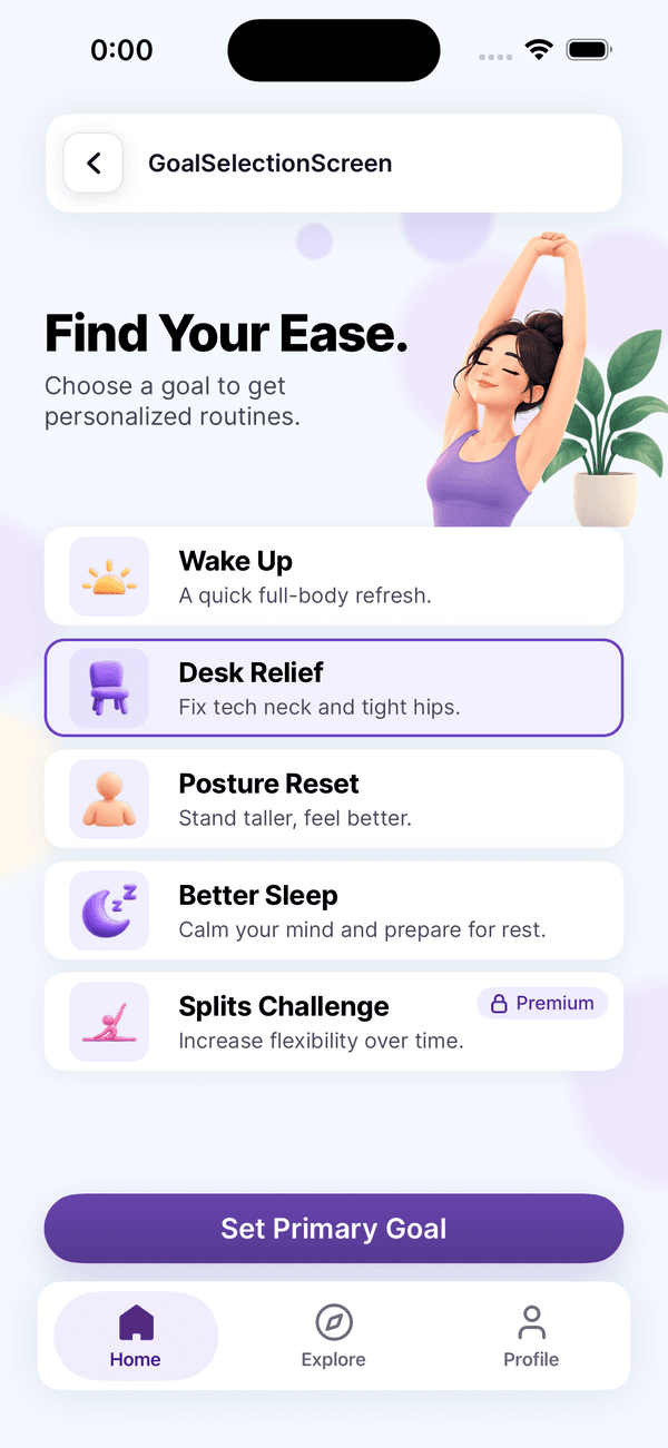 BendEasy goal picker titled Find Your Ease with Wake Up, Desk Relief, Posture Reset, Better Sleep and Splits