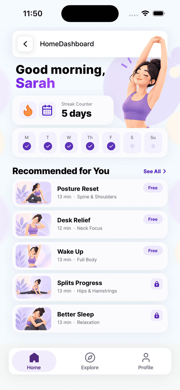 BendEasy home screen with a Good morning greeting, the week's streak row and recommended routines