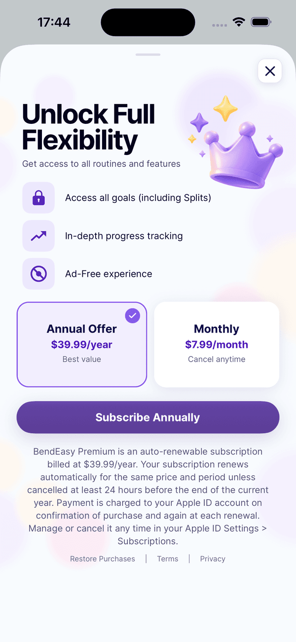 BendEasy Premium screen with Annual $39.99 per year and Monthly $7.99 per month plans