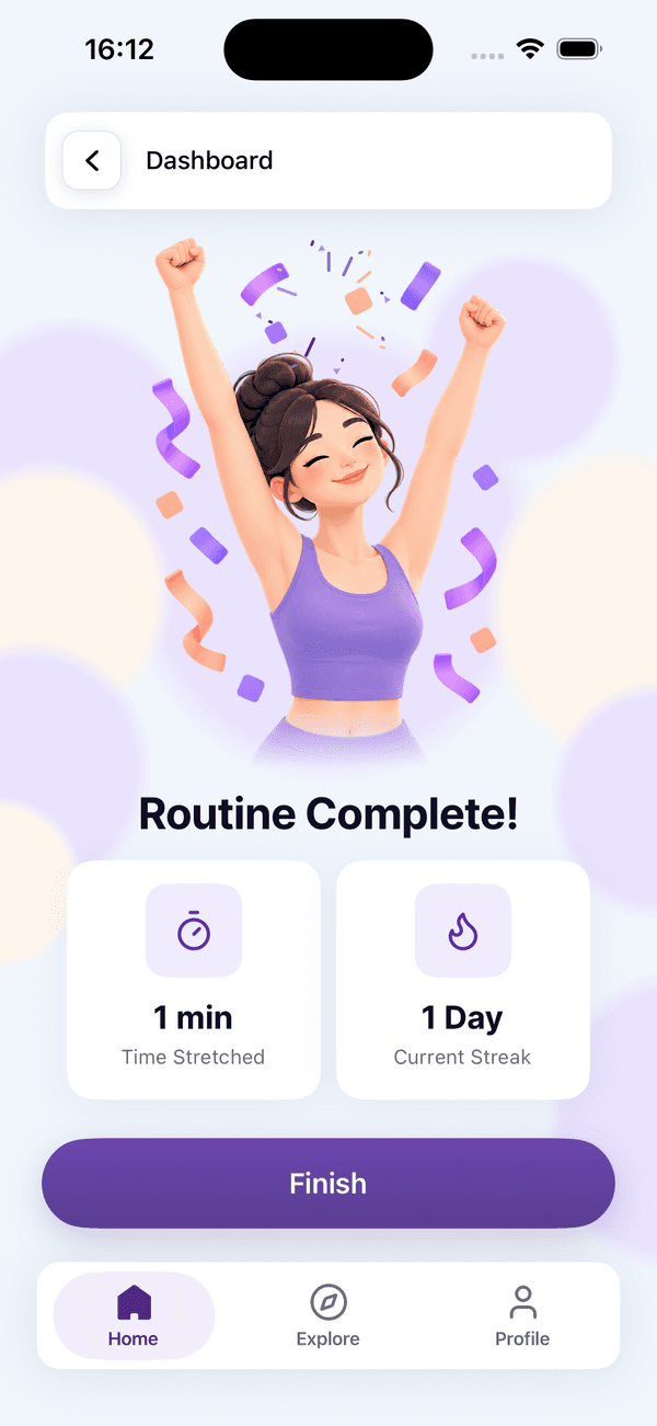 BendEasy Routine Complete screen showing time stretched and current streak