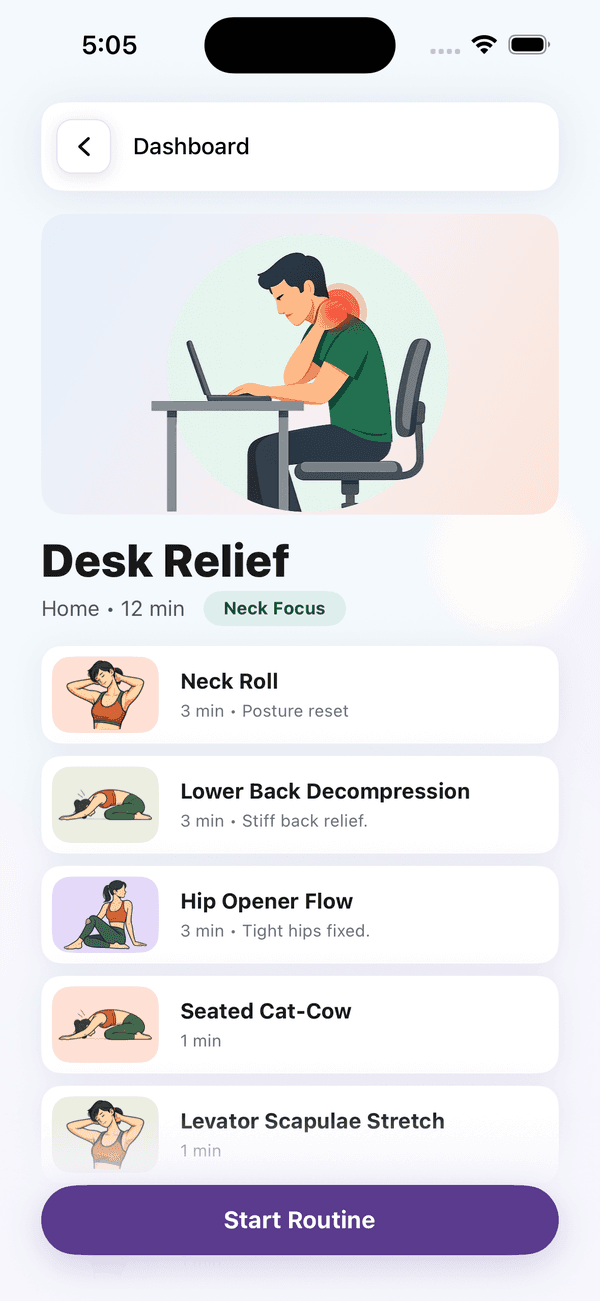 BendEasy routine detail listing each stretch with its duration and a Start Routine button