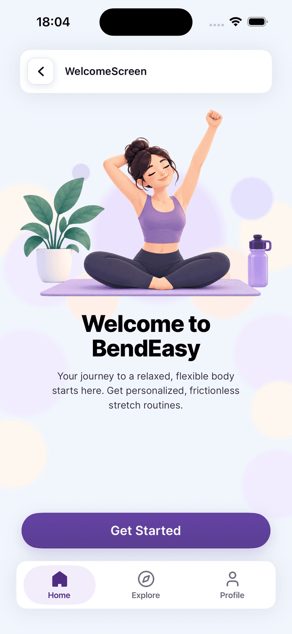 BendEasy welcome screen with a woman stretching on a mat and a Get Started button